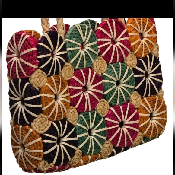 Colorful Patchwork Straw Tote Bag Vibrant Multicolor Summer Vibes - Picture 11 of 11